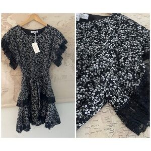 🆕Trish Scully Black and White Floral Mini Tunic Dress Pleated Lace 130$MSRP